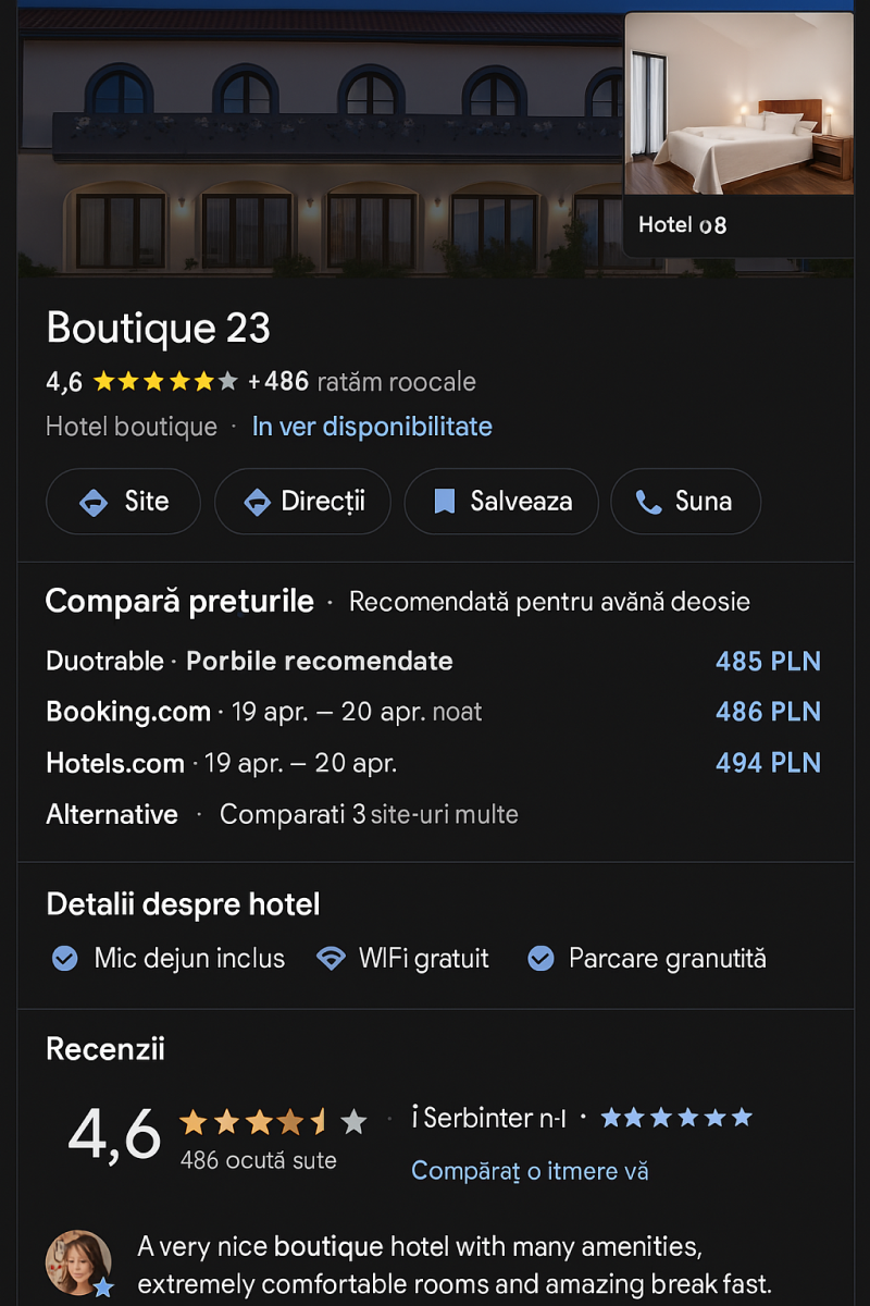 Imagine a listării Google My Business pentru Boutique 23, evidențiind ratingurile, posibilitățile de rezervare și opiniile clienților.